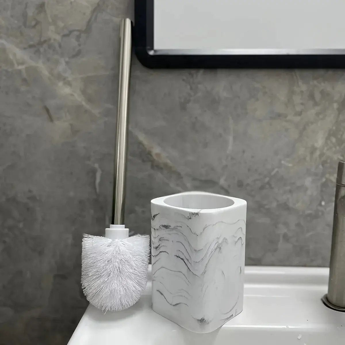 Resin White Marble Toilet Brush Holder with Handle, Reusable Floor Mount Bathroom Accessory, Hard Solid Project, No Electricity Needed - Ideal Christmas Gift by House Of Avana