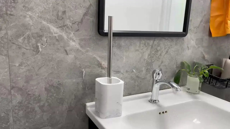 Resin White Marble Toilet Brush Holder with Handle, Reusable Floor Mount Bathroom Accessory, Hard Solid Project, No Electricity Needed - Ideal Christmas Gift by House Of Avana