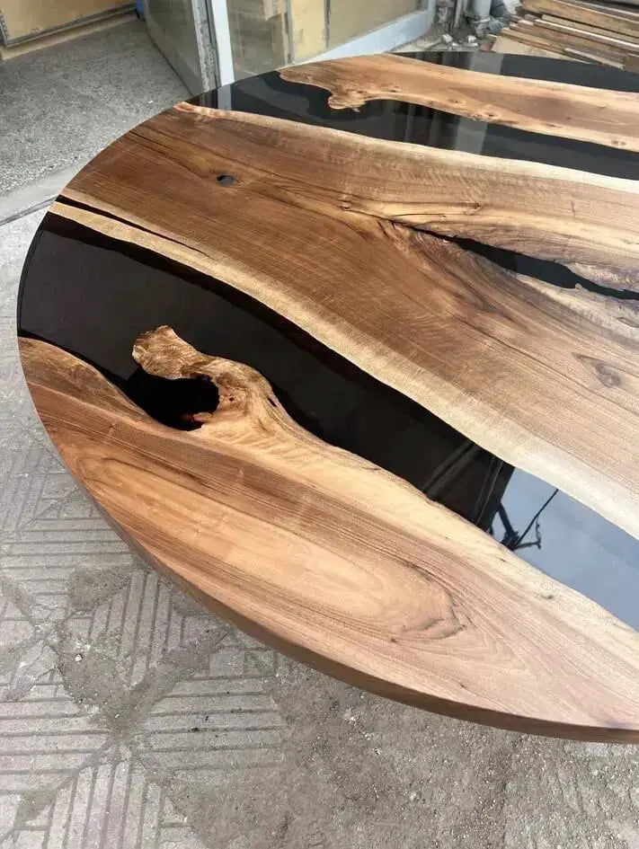 Round Epoxy Resin Table with Wooden Tulip Base Made of Walnut by Gizz