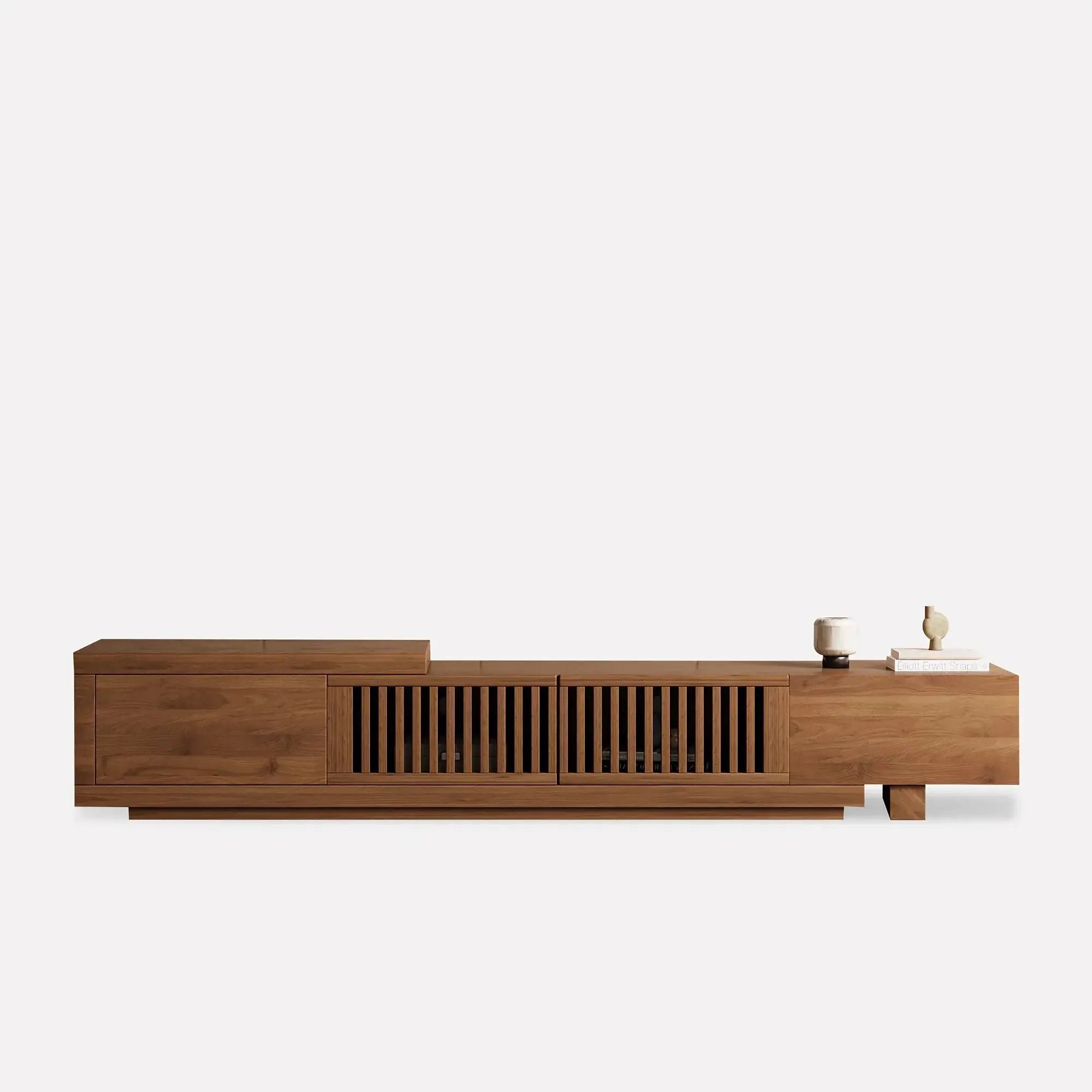 Retractable Grid TV Cabinet Walnut 198.12-261.62 cm Extension Modern Living Room Furniture with 2 Drawers 2 Storage, Home Entertainment Unit, Media Console, Stylish Cabinet, Sleek Furniture, Durable Hardwood, Sturdy Build, Sp by House Of Avana