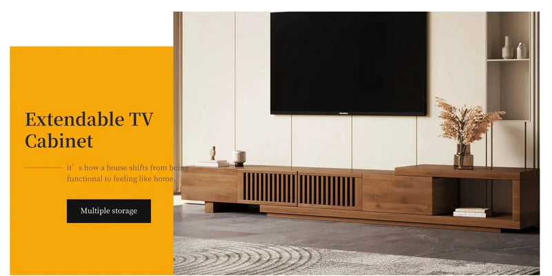 Retractable Grid TV Cabinet Walnut 198.12-261.62 cm Extension Modern Living Room Furniture with 2 Drawers 2 Storage, Home Entertainment Unit, Media Console, Stylish Cabinet, Sleek Furniture, Durable Hardwood, Sturdy Build, Sp by House Of Avana