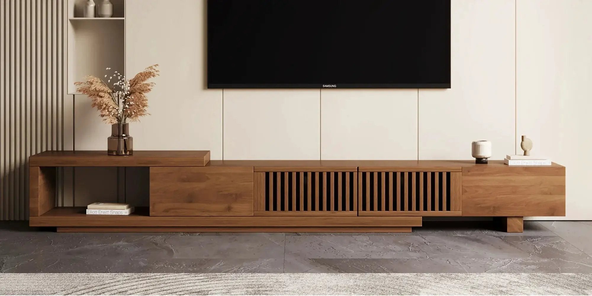 Retractable Grid TV Cabinet Walnut 198.12-261.62 cm Extension Modern Living Room Furniture with 2 Drawers 2 Storage, Home Entertainment Unit, Media Console, Stylish Cabinet, Sleek Furniture, Durable Hardwood, Sturdy Build, Sp by House Of Avana