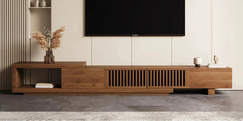 Retractable Grid TV Cabinet Walnut 198.12-261.62 cm Extension Modern Living Room Furniture with 2 Drawers 2 Storage, Home Entertainment Unit, Media Console, Stylish Cabinet, Sleek Furniture, Durable Hardwood, Sturdy Build, Sp by House Of Avana