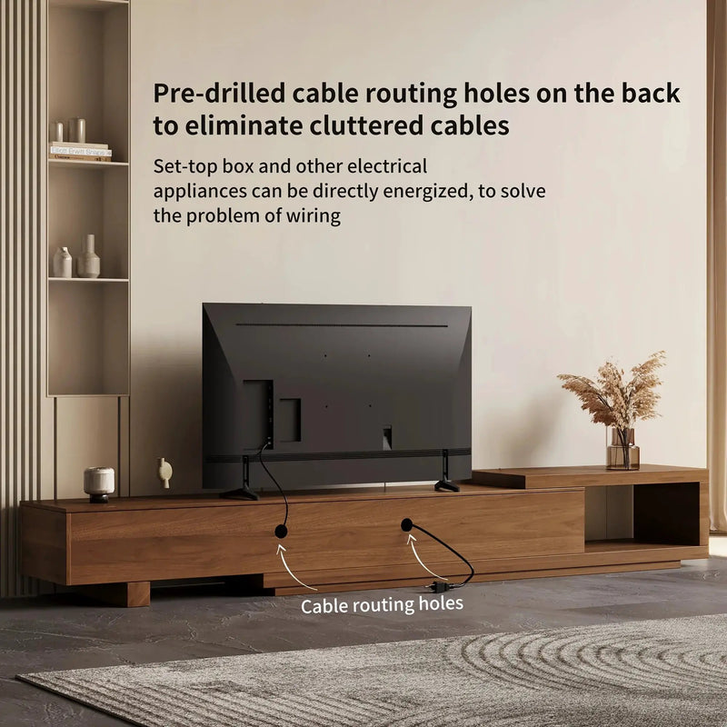 Retractable Grid TV Cabinet Walnut 198.12-261.62 cm Extension Modern Living Room Furniture with 2 Drawers 2 Storage, Home Entertainment Unit, Media Console, Stylish Cabinet, Sleek Furniture, Durable Hardwood, Sturdy Build, Sp by House Of Avana