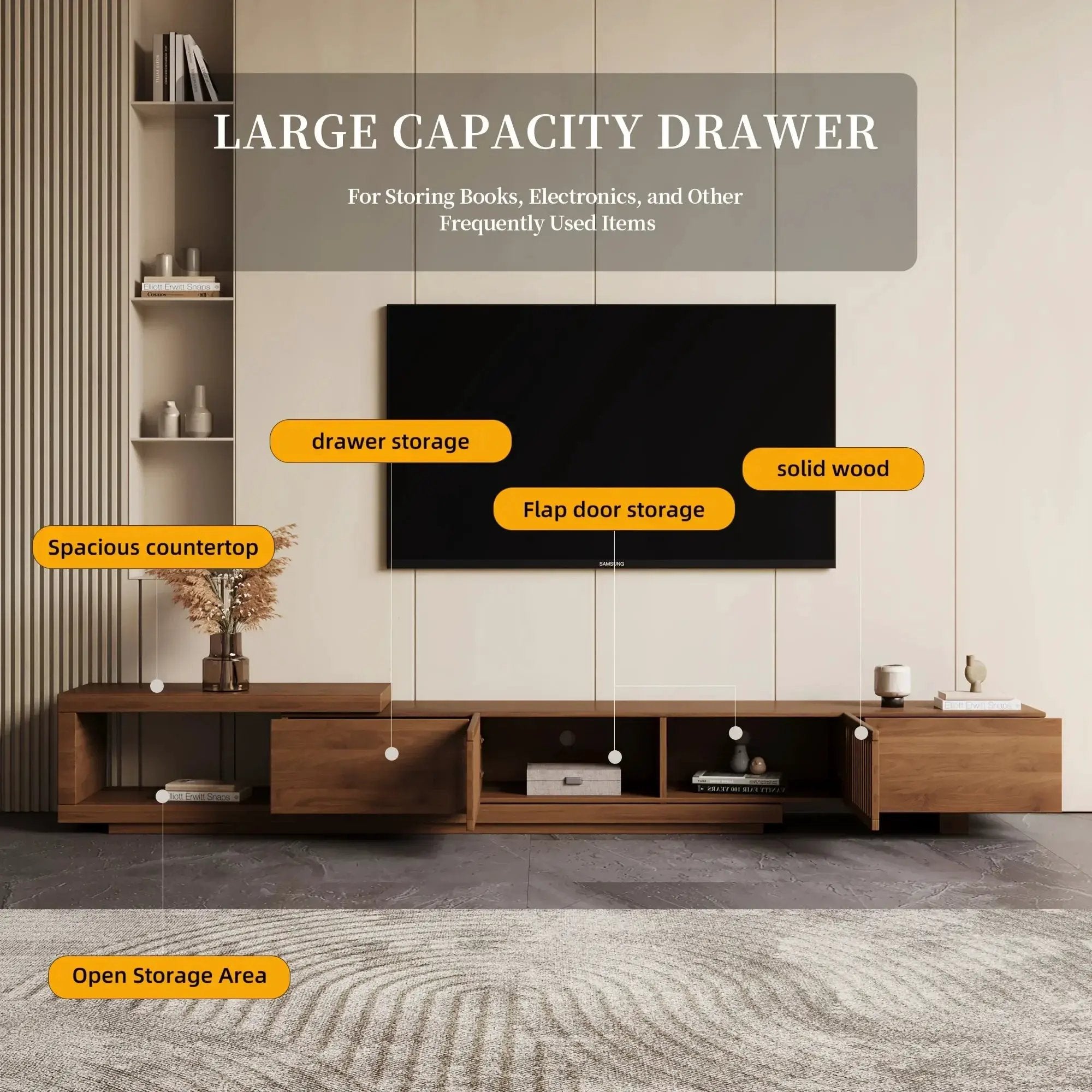 Retractable Grid TV Cabinet Walnut 198.12-261.62 cm Extension Modern Living Room Furniture with 2 Drawers 2 Storage, Home Entertainment Unit, Media Console, Stylish Cabinet, Sleek Furniture, Durable Hardwood, Sturdy Build, Sp by House Of Avana