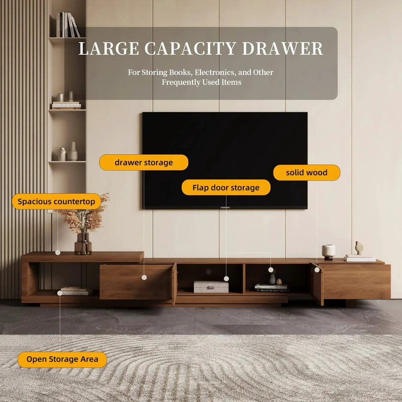 Retractable Grid TV Cabinet Walnut 198.12-261.62 cm Extension Modern Living Room Furniture with 2 Drawers 2 Storage, Home Entertainment Unit, Media Console, Stylish Cabinet, Sleek Furniture, Durable Hardwood, Sturdy Build, Sp by House Of Avana