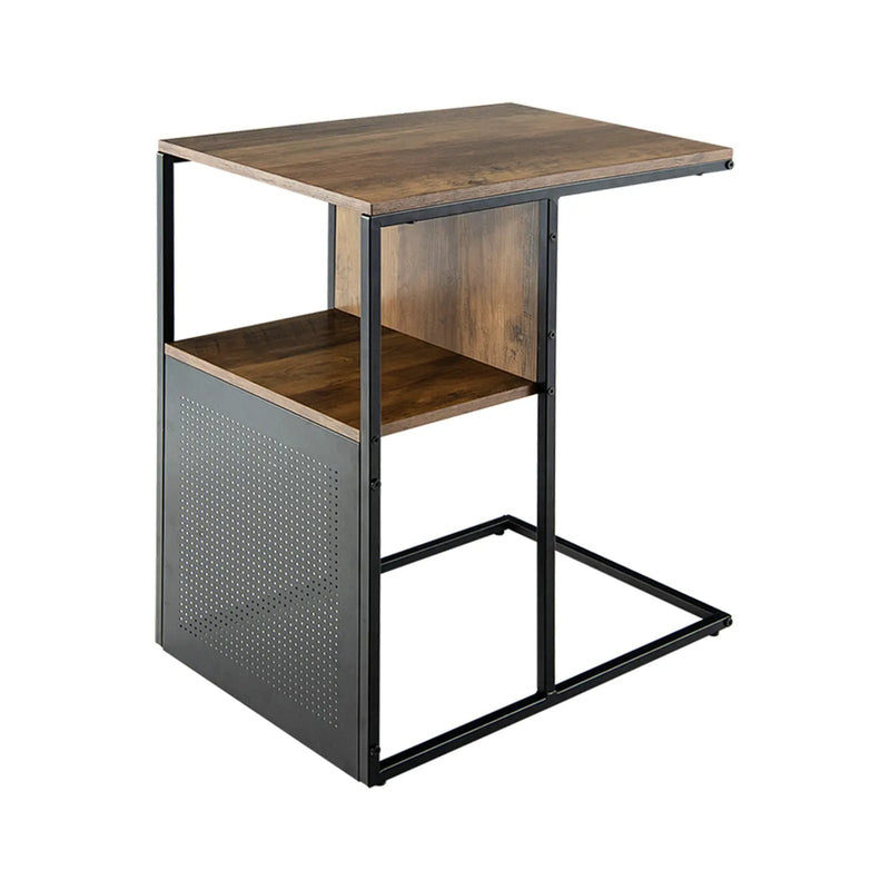 2-Tier C-Shaped Reversible End Table with Wooden Shelf for Living Room-Brown by DirectDeals
