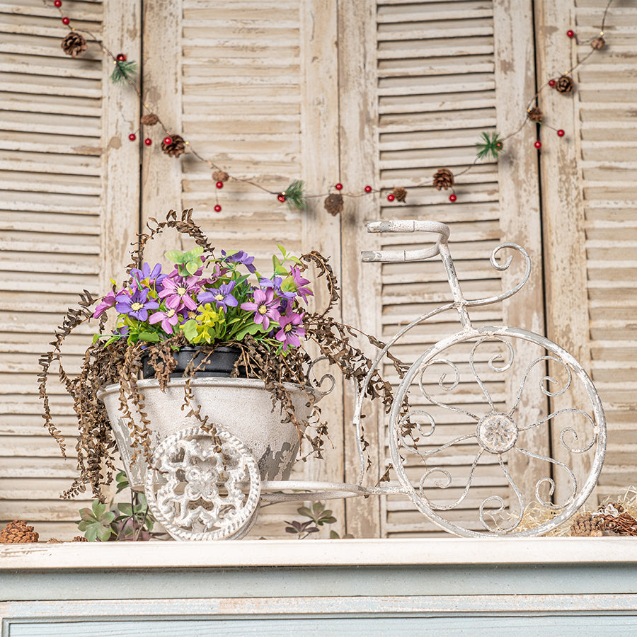 Rustic Bicycle Metal Wire Wall Planter Basket with Vintage Design - Grey and White