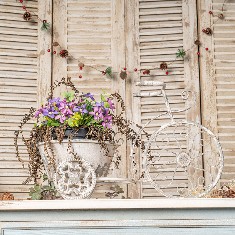 Rustic Bicycle Metal Wire Wall Planter Basket with Vintage Design - Grey and White