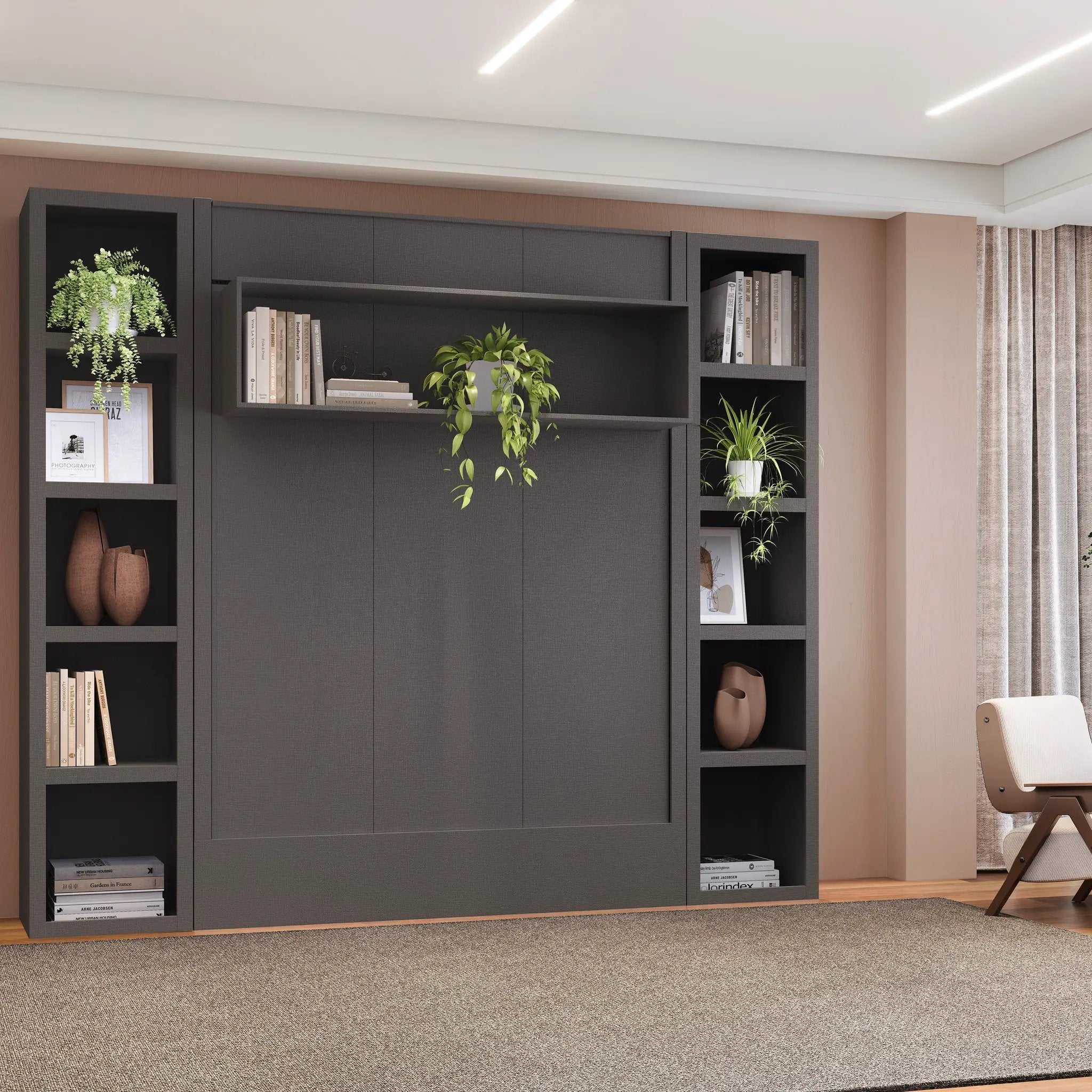 Easy-Lift Full Murphy Wall Bed in Dark Grey with Two Bookshelves by Sharicks