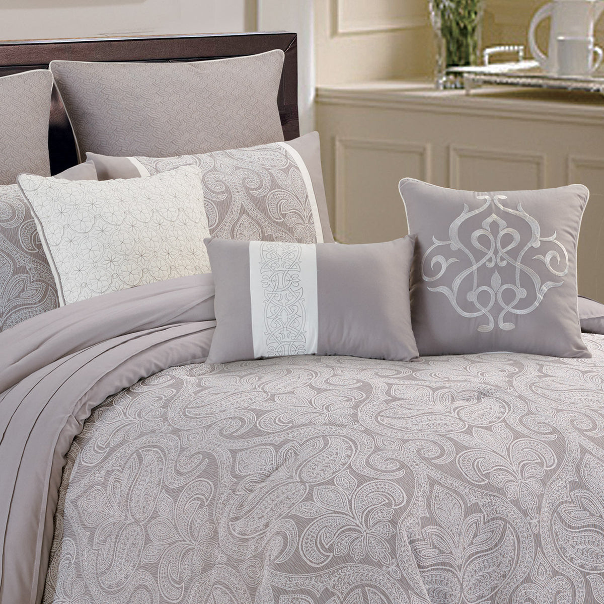 Grey Damask Jacquard 9 Piece Comforter Set with Soft Fill - Grey, photo 2 of 5