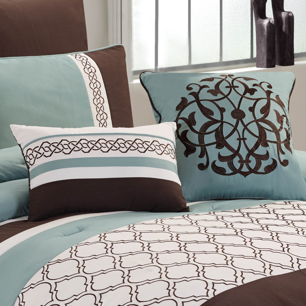 Teal & Brown Geometric Embroidered Comforter Set with 8 Pieces, photo 2 of 10