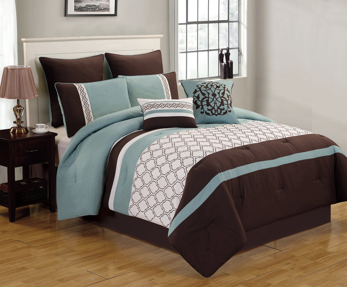 Teal & Brown Geometric Embroidered Comforter Set with 8 Pieces, photo 6 of 10