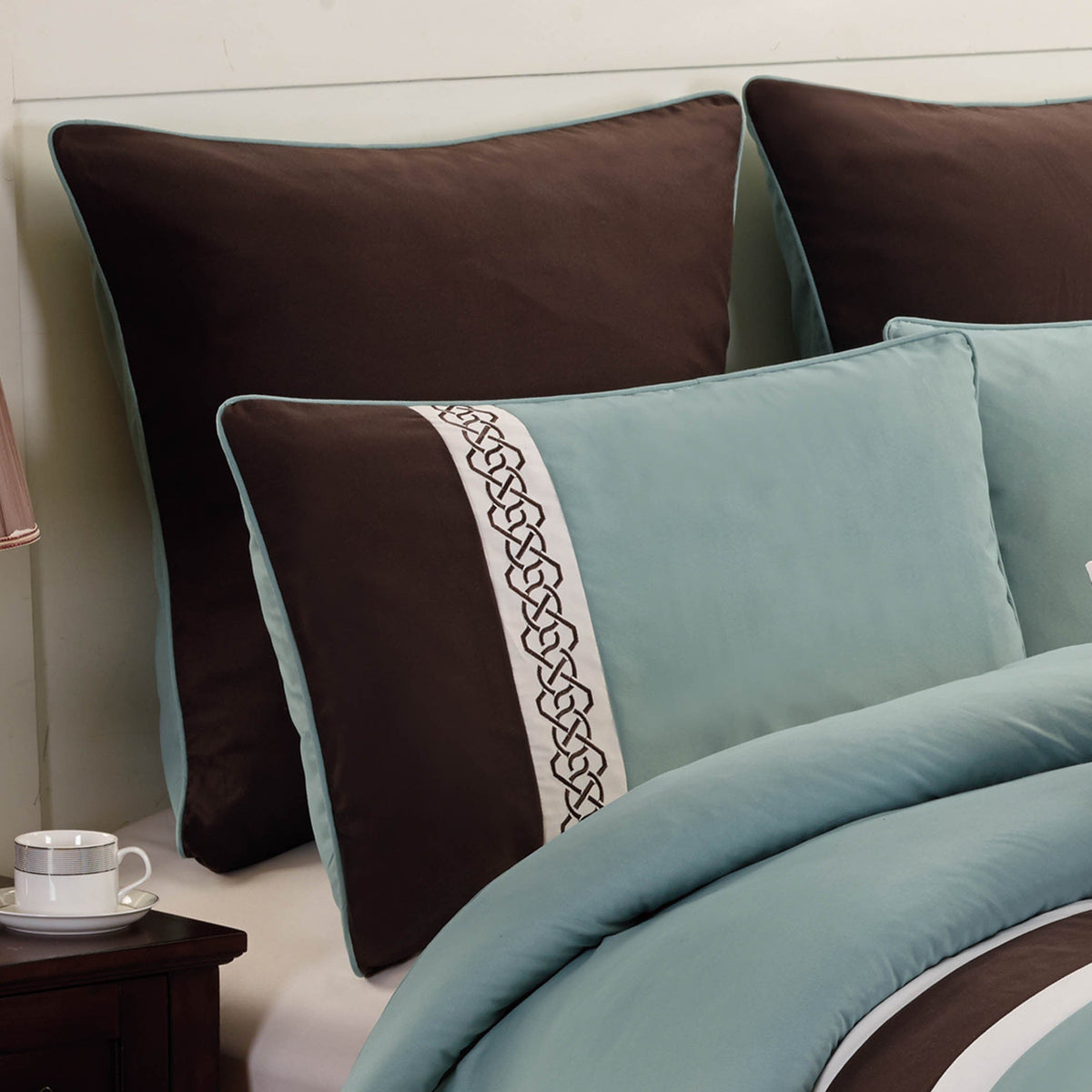 Teal & Brown Geometric Embroidered Comforter Set with 8 Pieces, photo 9 of 10
