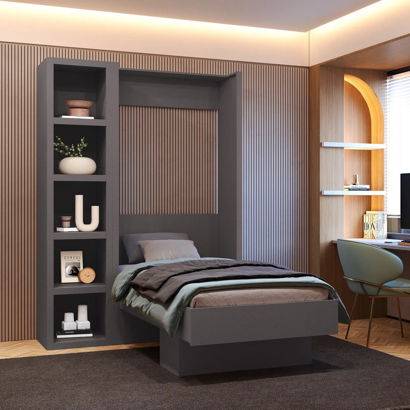 Easy-Lift Twin Murphy Wall Bed in Dark Grey with Bookshelf by Sharicks