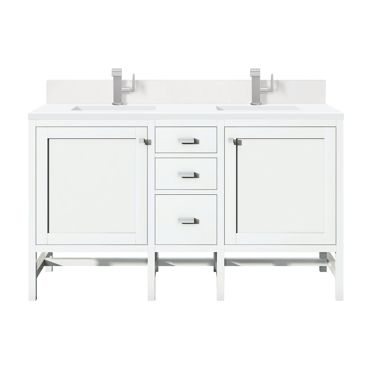 James Martin Addison 60" Double Bathroom Vanity, Glossy White with White Zeus (Single Hole, with Backsplash) countertop