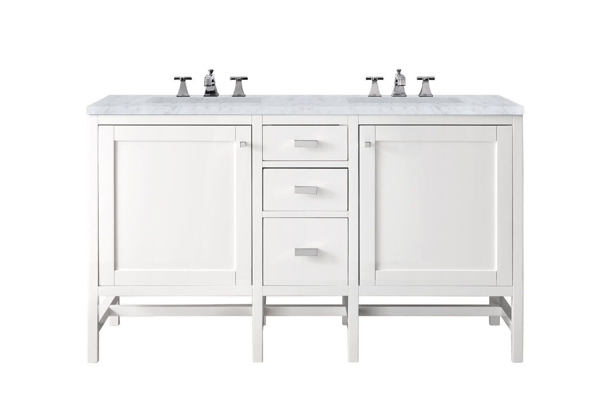 James Martin Addison 60" Double Bathroom Vanity, Glossy White with Carrara White countertop