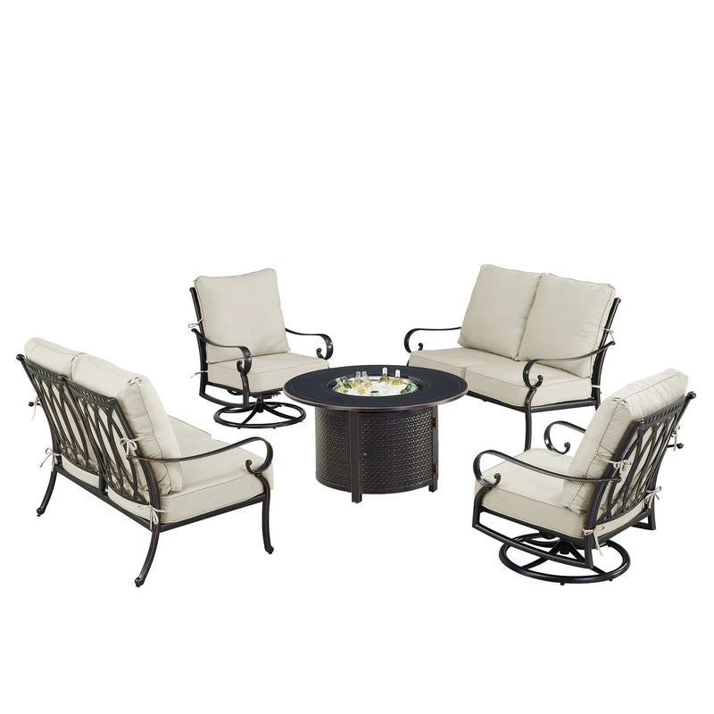 Black Aluminum Fire Table Set with Two Loveseats and Two Club Chairs by Sharicks