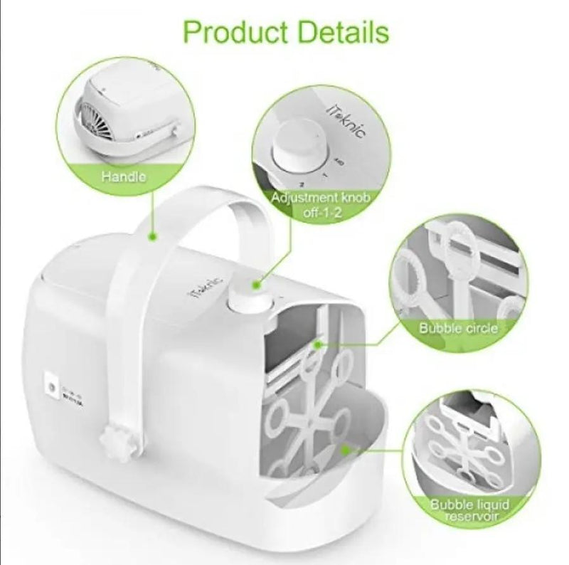 Open Box iTeknic Bubble Machine, Automatic Bubble Blower, Portable Auto Bubble Maker with High Output for Outdoor/Indoor Use,Powered by Plug-in or Bat by Selzalot