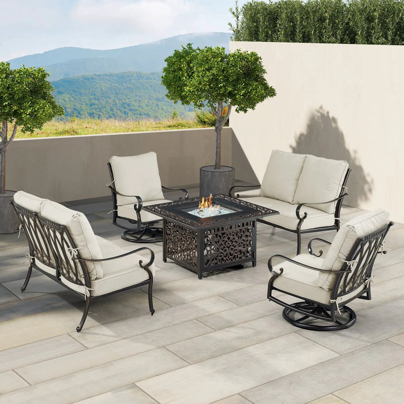 Black Aluminum Fire Table Set with Two Loveseats and Two Club Chairs by Sharicks