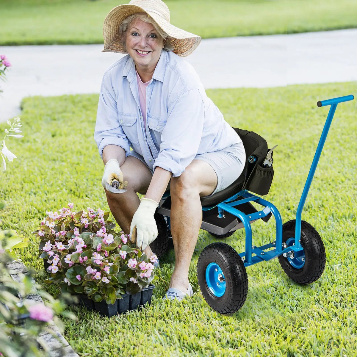 Rolling Garden Cart with Height Adjustable Swivel Seat and Storage Basket by DirectDeals