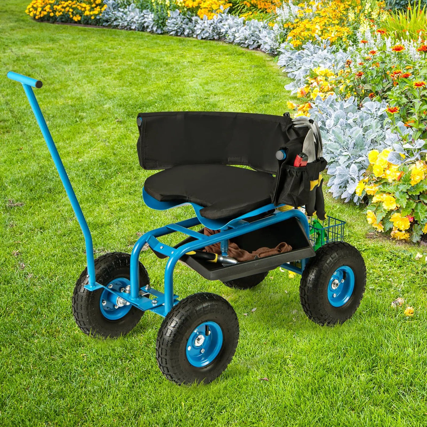 Rolling Garden Cart with Height Adjustable Swivel Seat and Storage Basket by DirectDeals