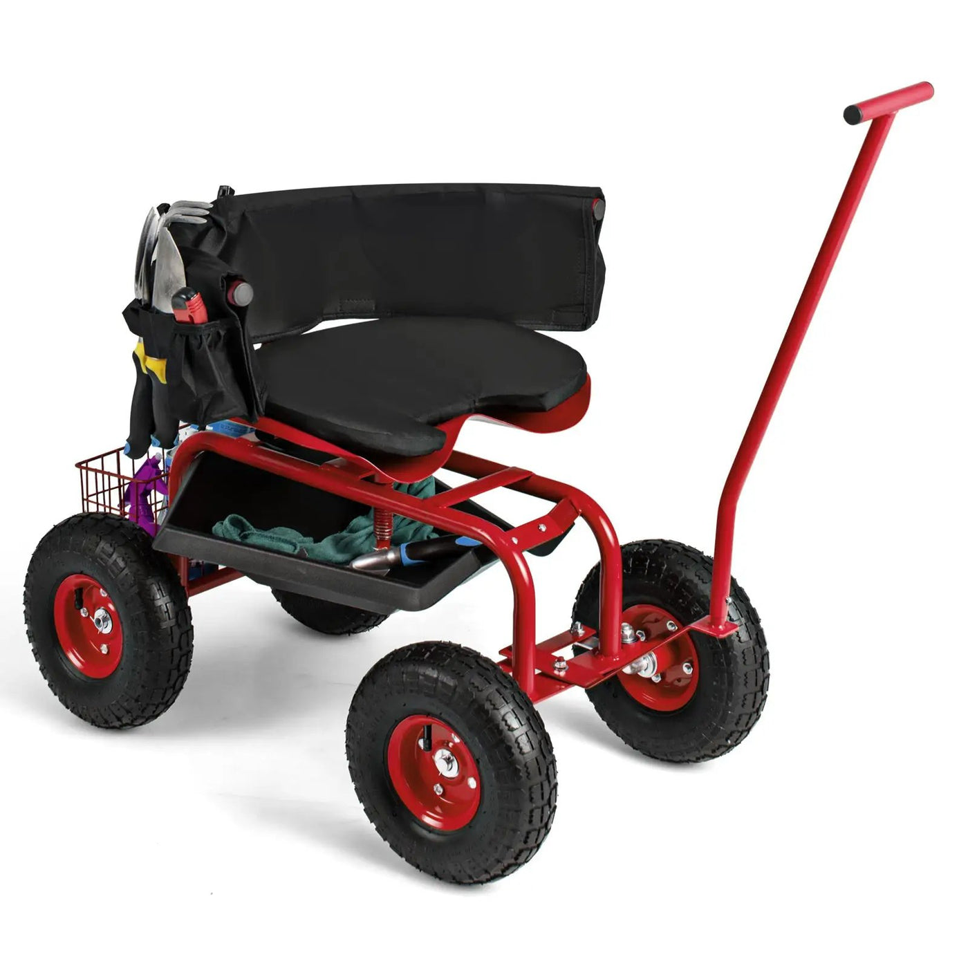 Rolling Garden Cart with Height Adjustable Swivel Seat and Storage Basket by DirectDeals