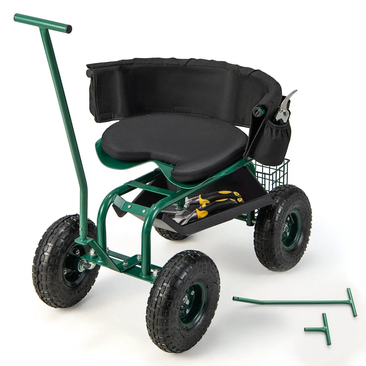 Rolling Garden Cart with Height Adjustable Swivel Seat and Storage Basket by DirectDeals