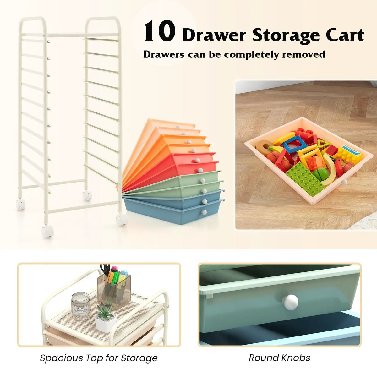 10 Drawer Rolling Storage Cart Organizer with 4 Universal Casters by DirectDeals