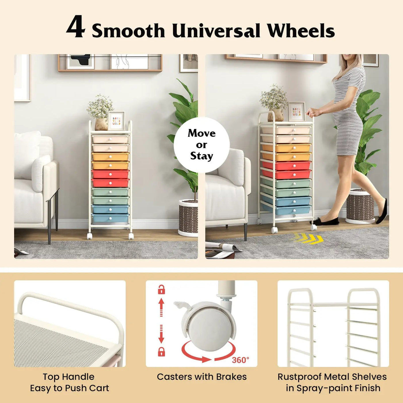 10 Drawer Rolling Storage Cart Organizer with 4 Universal Casters by DirectDeals