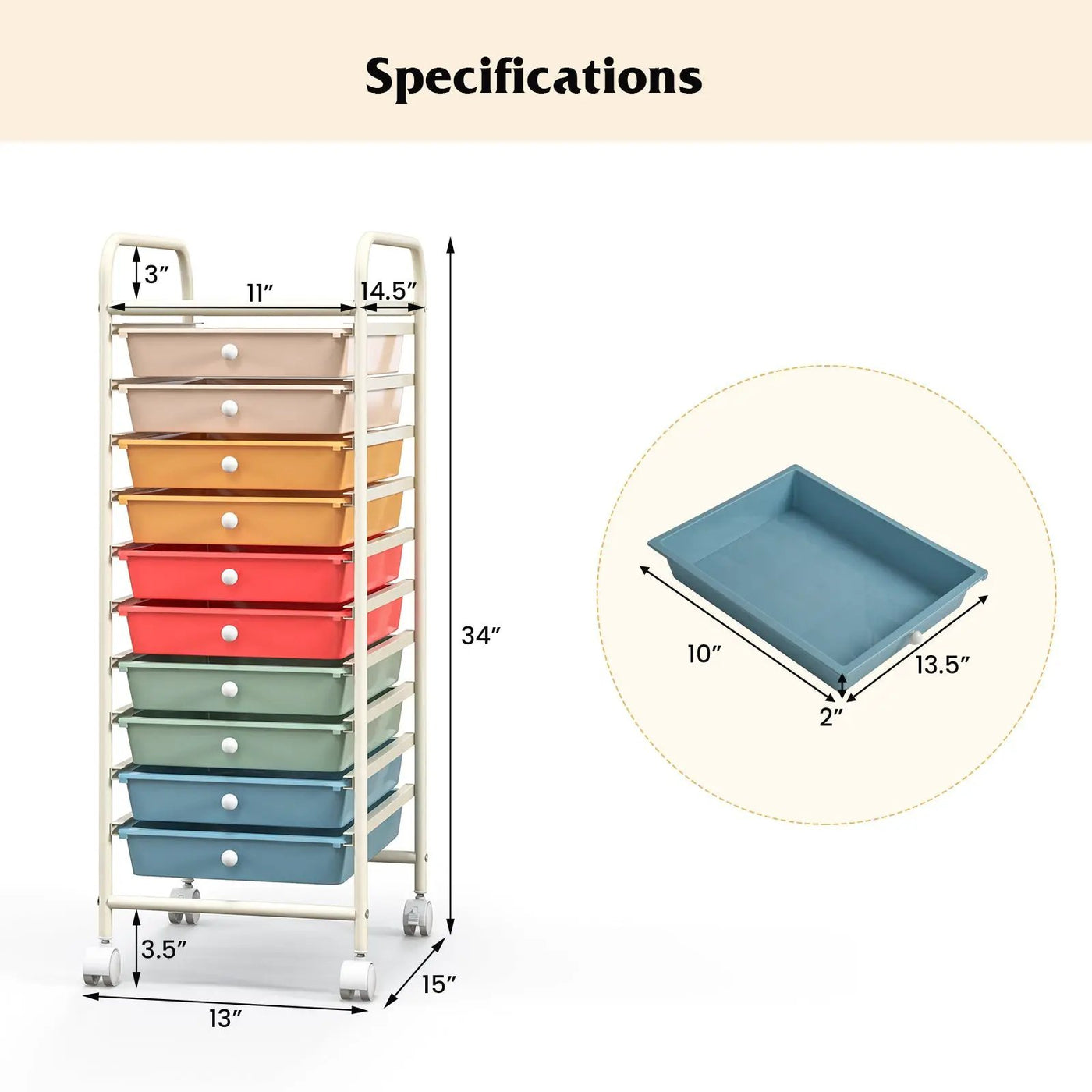 10 Drawer Rolling Storage Cart Organizer with 4 Universal Casters by DirectDeals