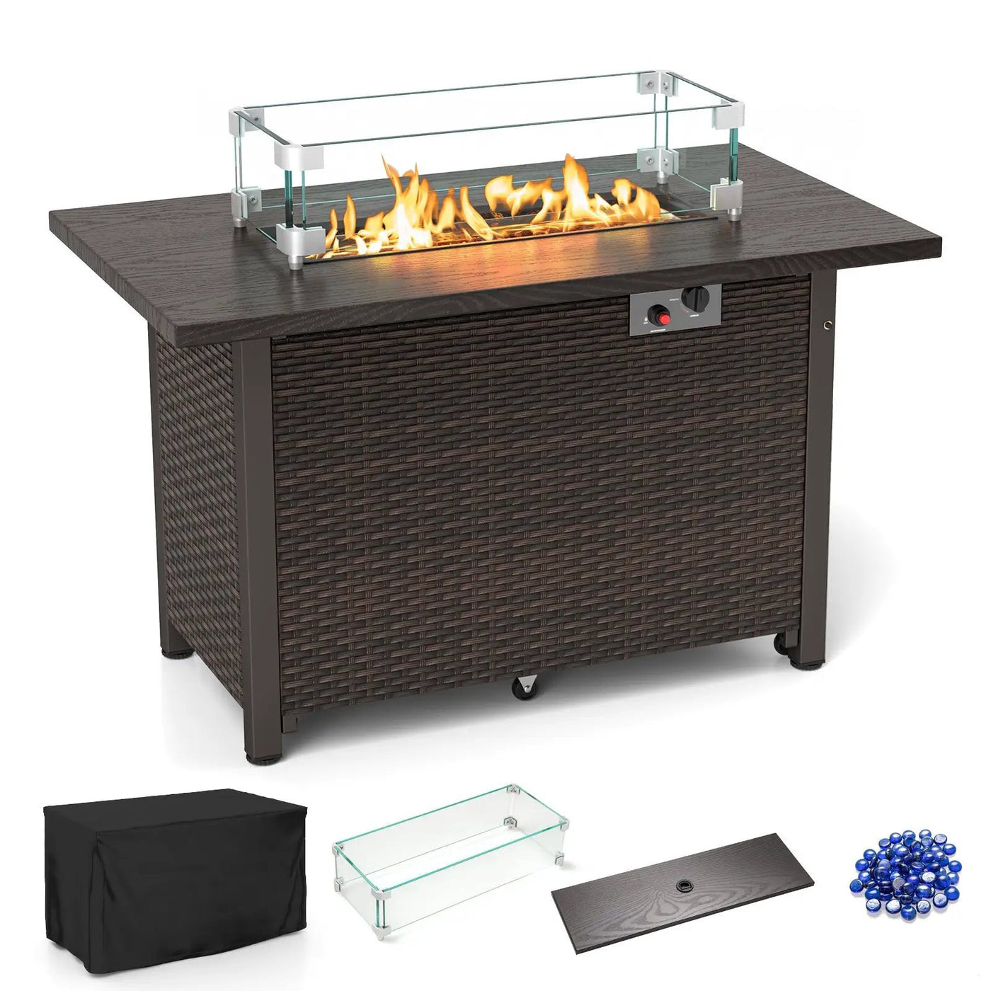 50000 BTU 2 Inch ropane Gas Fire Pit Table with Wind Guard and Glass Rocks by DirectDeals