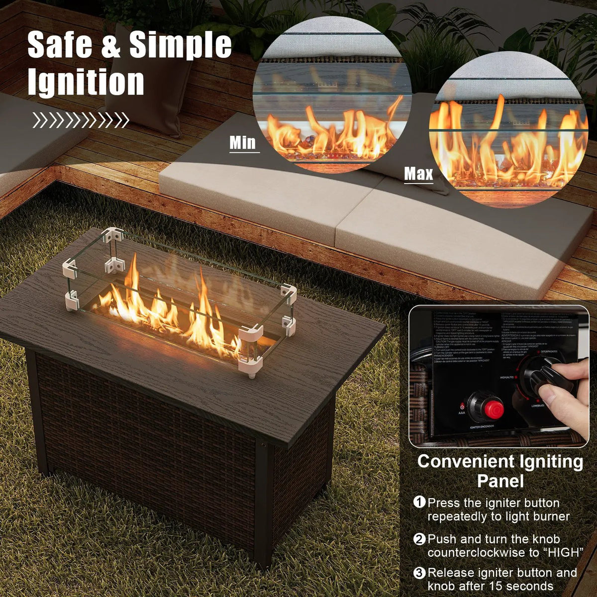 50000 BTU 2 Inch ropane Gas Fire Pit Table with Wind Guard and Glass Rocks by DirectDeals