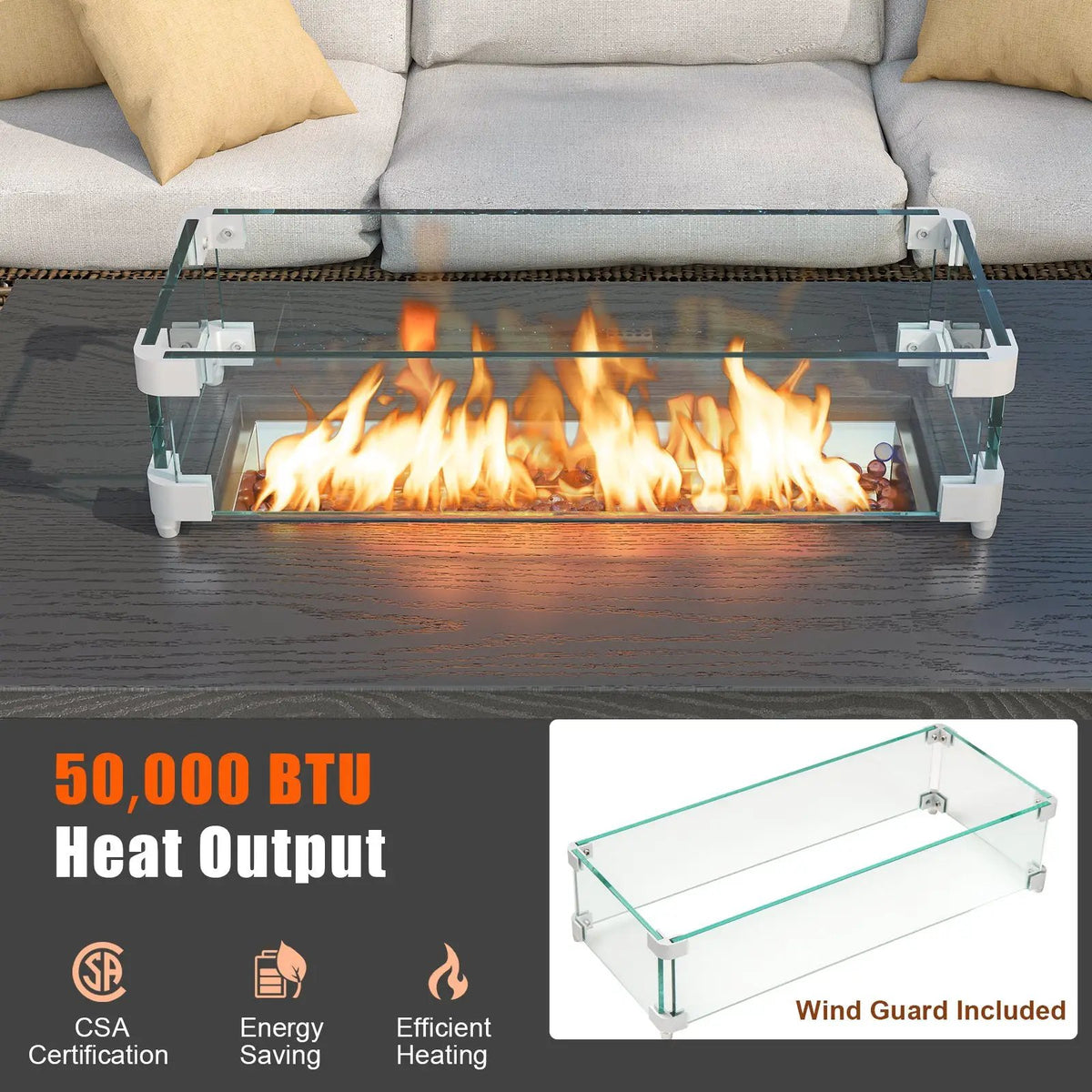 50000 BTU 2 Inch ropane Gas Fire Pit Table with Wind Guard and Glass Rocks by DirectDeals