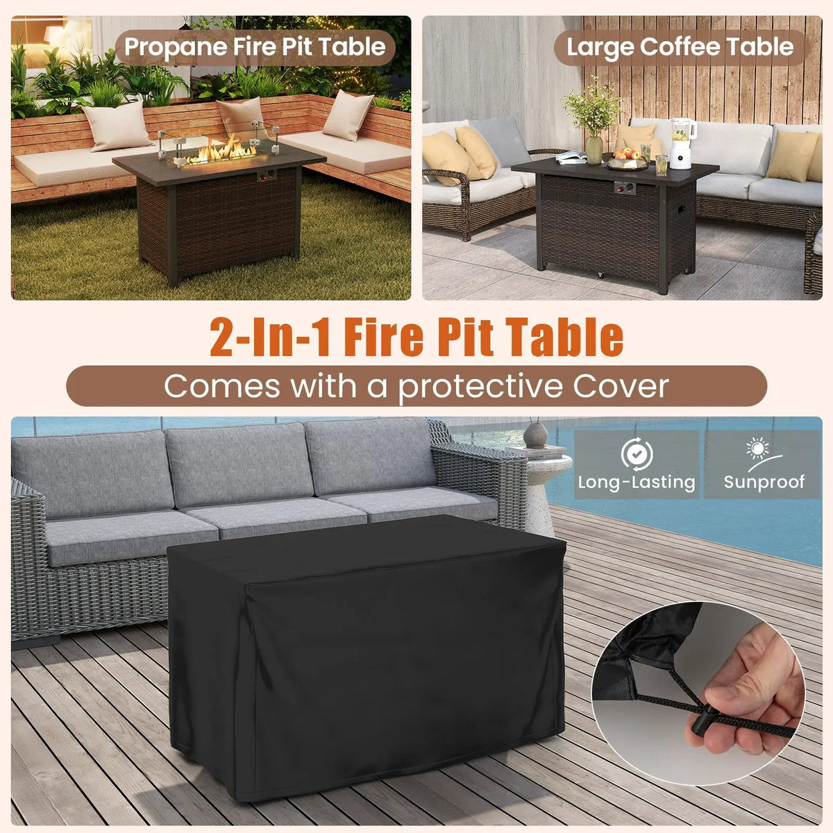 50000 BTU 2 Inch ropane Gas Fire Pit Table with Wind Guard and Glass Rocks by DirectDeals