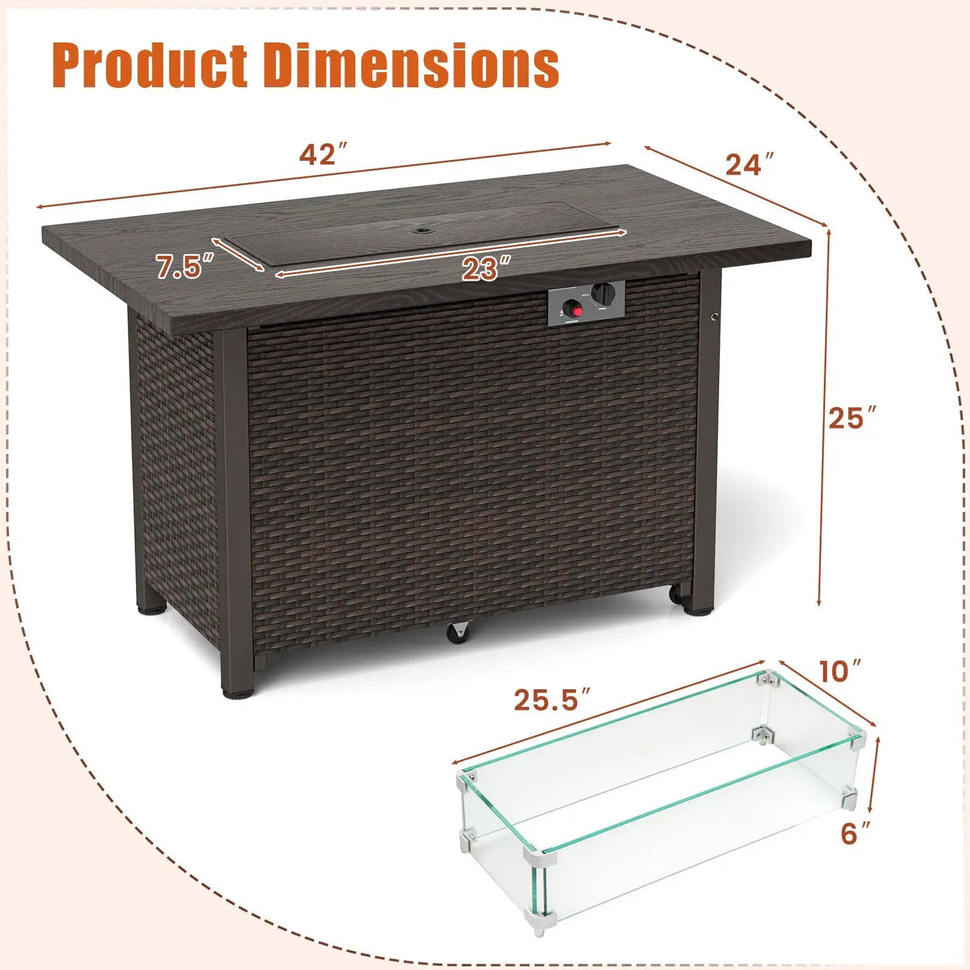 50000 BTU 2 Inch ropane Gas Fire Pit Table with Wind Guard and Glass Rocks by DirectDeals