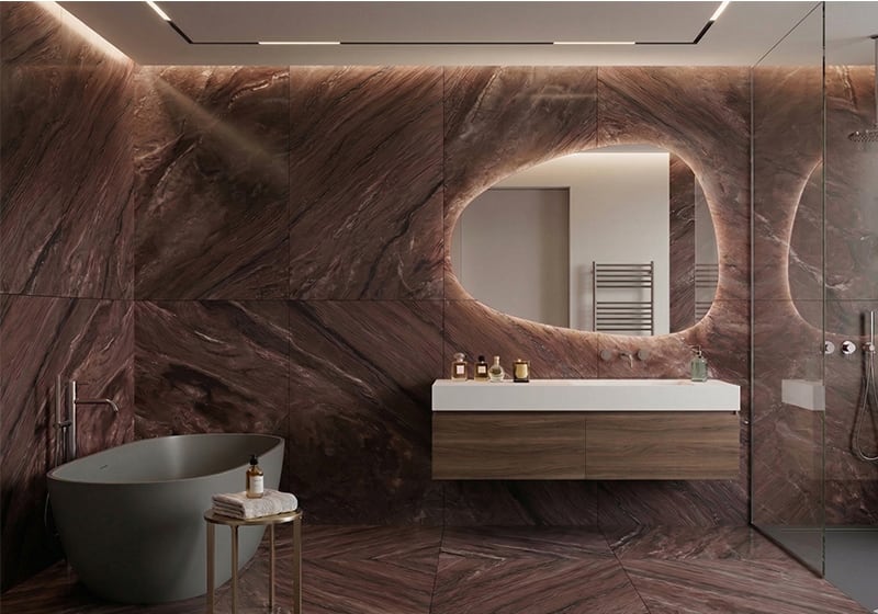 Rosa Namibia Polished Marble Slab Random room scene 2