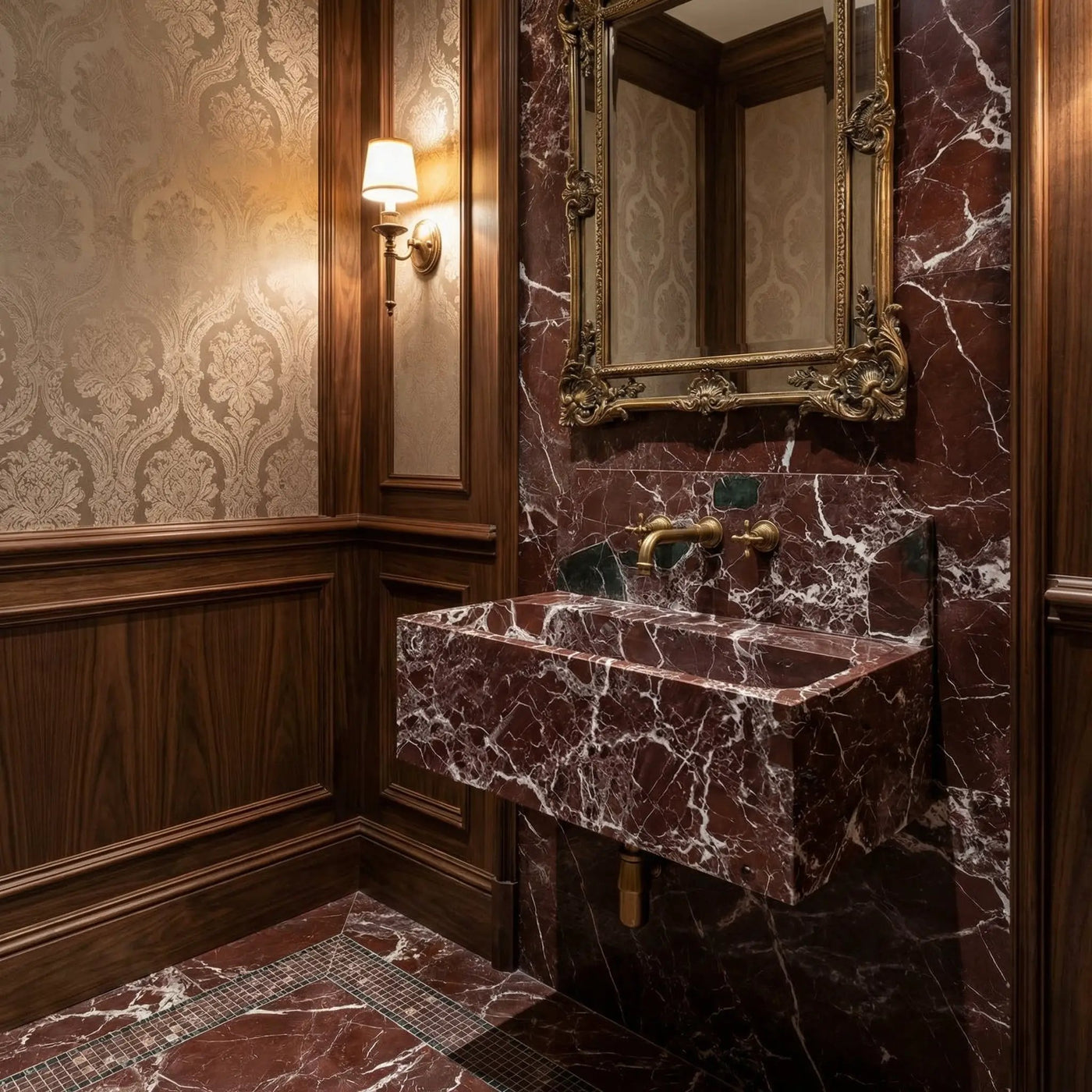 Rosso Levanto Deep Burgundy Marble Wall-Mount Bathroom Sink 30x16 With Backsplash by GobekDesign