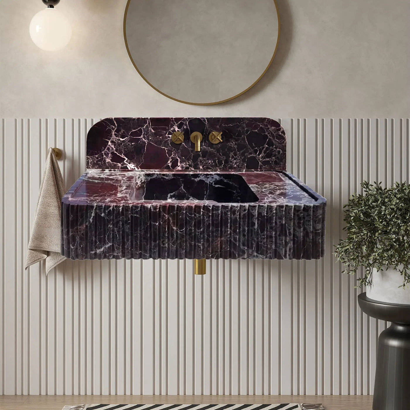 Rosso Levanto Marble Fluted Wall Mount Sink 8 Inch Backsplash by GobekDesign