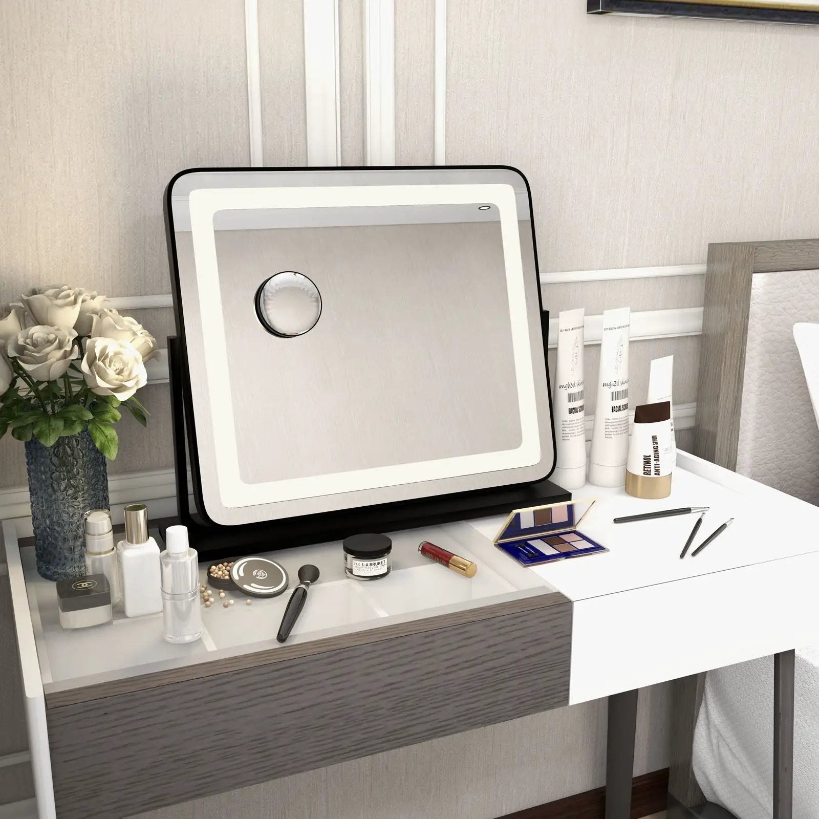 360¬∞ Rotatable Vanity Makeup Mirror with 3 Color Lighting Modes and Touch Control-Black by DirectDeals
