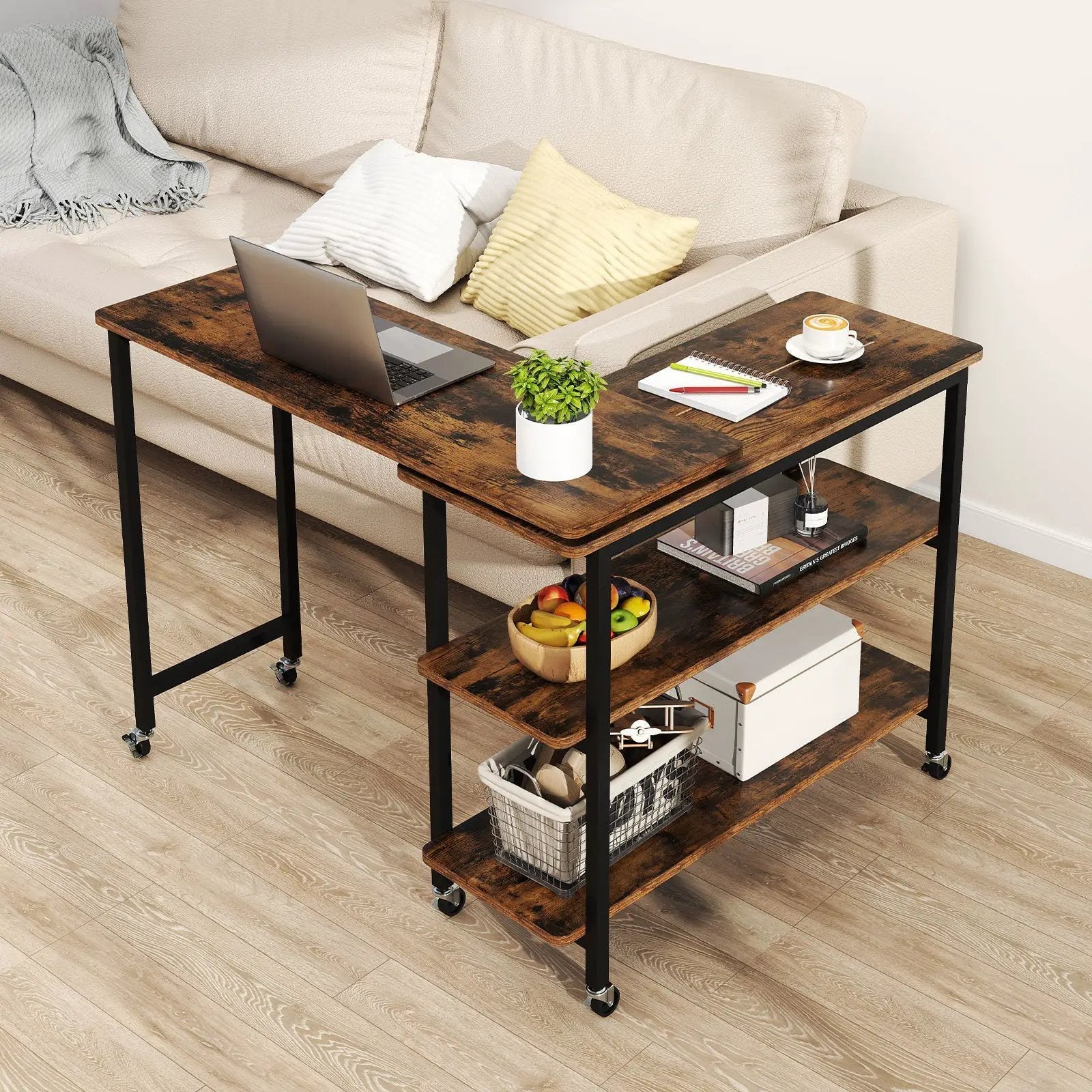 360° Rotating Sofa Side Table with Storage Shelves and Wheels by DirectDeals