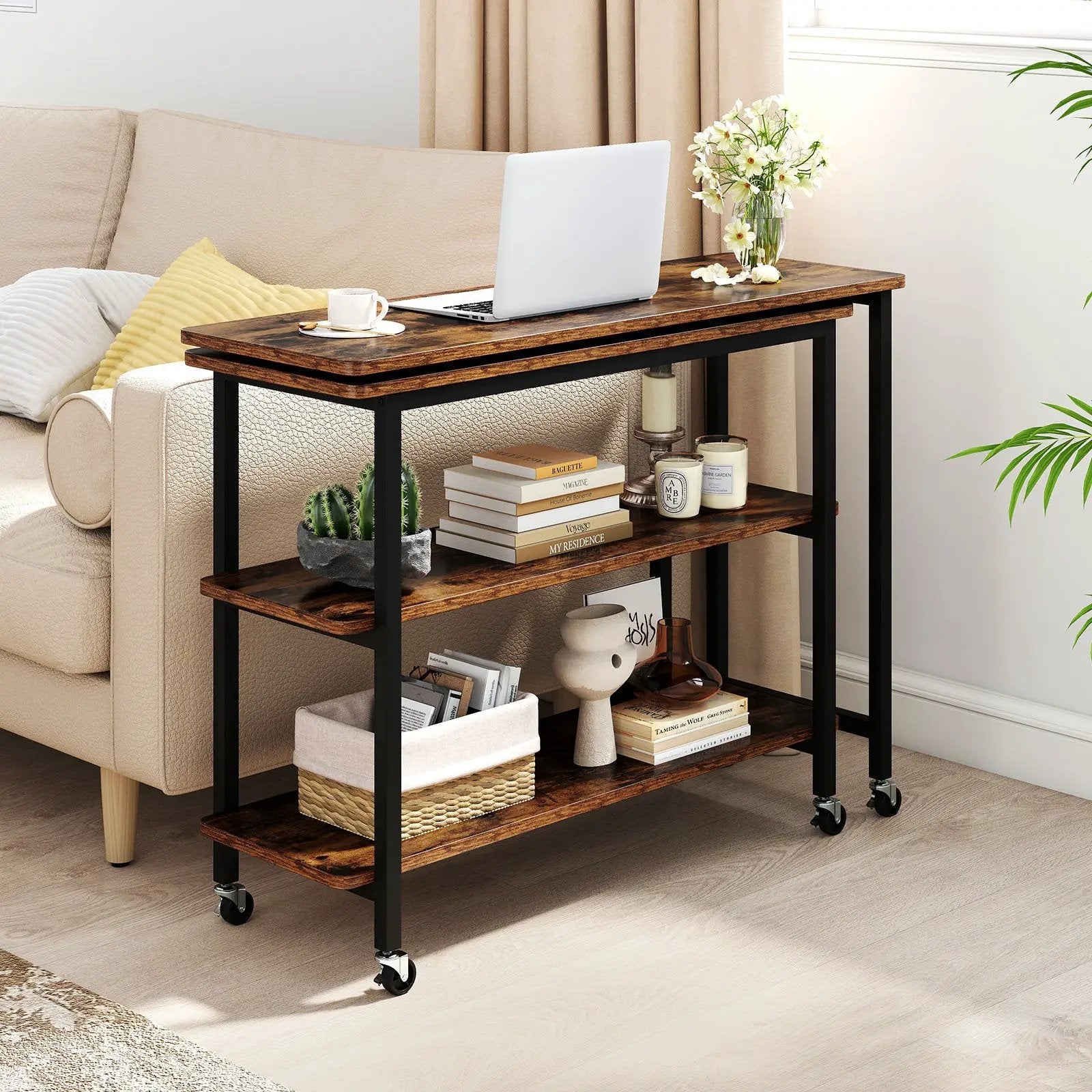 360° Rotating Sofa Side Table with Storage Shelves and Wheels by DirectDeals
