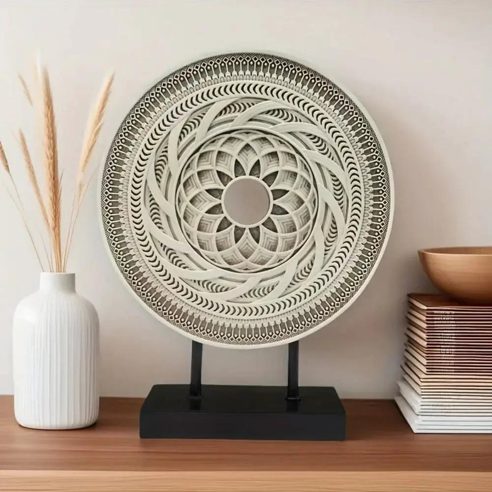 Handcrafted Round Wooden Decorative Disc Sculpture with Stand by House Of Avana
