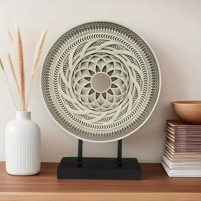 Handcrafted Round Wooden Decorative Disc Sculpture with Stand by House Of Avana