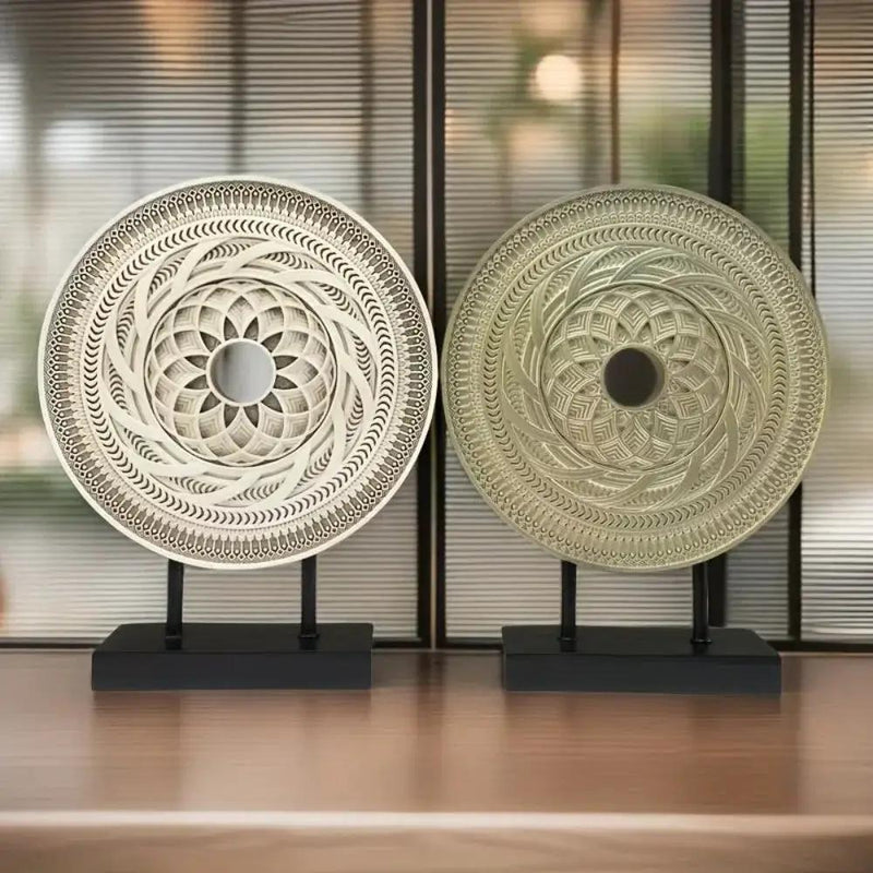 Handcrafted Round Wooden Decorative Disc Sculpture with Stand by House Of Avana