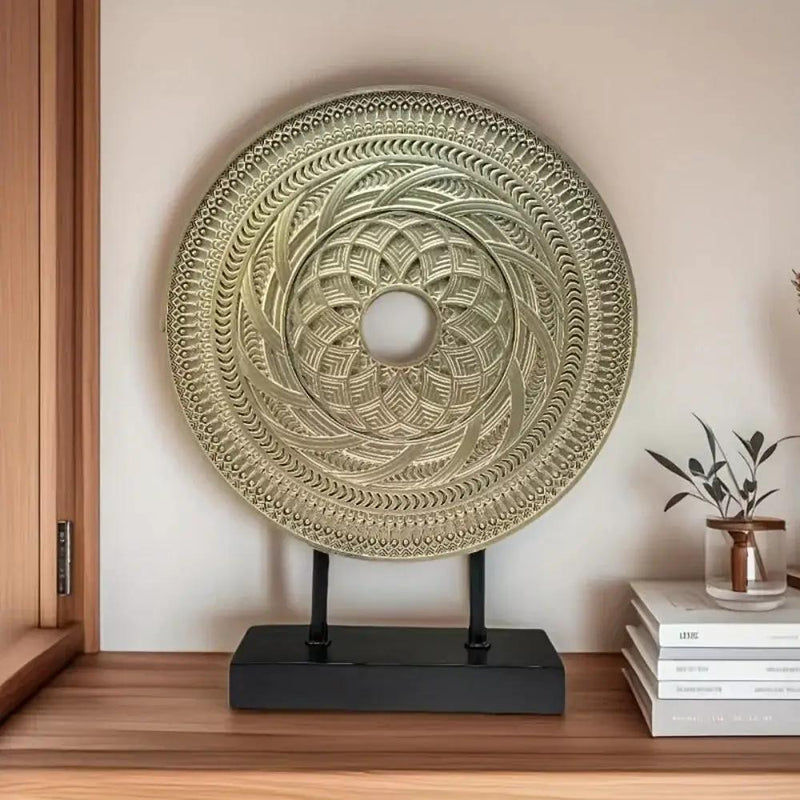 Handcrafted Round Wooden Decorative Disc Sculpture with Stand by House Of Avana
