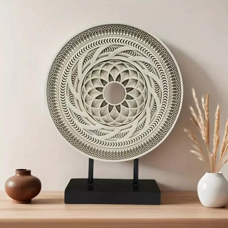 Handcrafted Round Wooden Decorative Disc Sculpture with Stand by House Of Avana