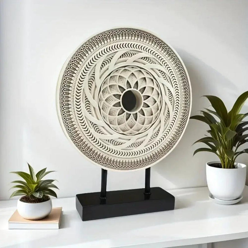 Handcrafted Round Wooden Decorative Disc Sculpture with Stand by House Of Avana