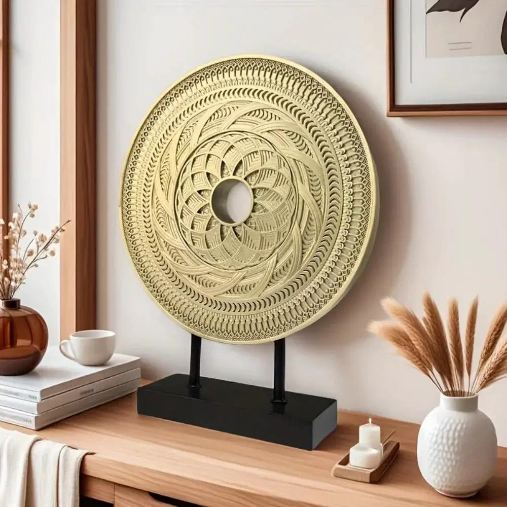 Handcrafted Round Wooden Decorative Disc Sculpture with Stand by House Of Avana