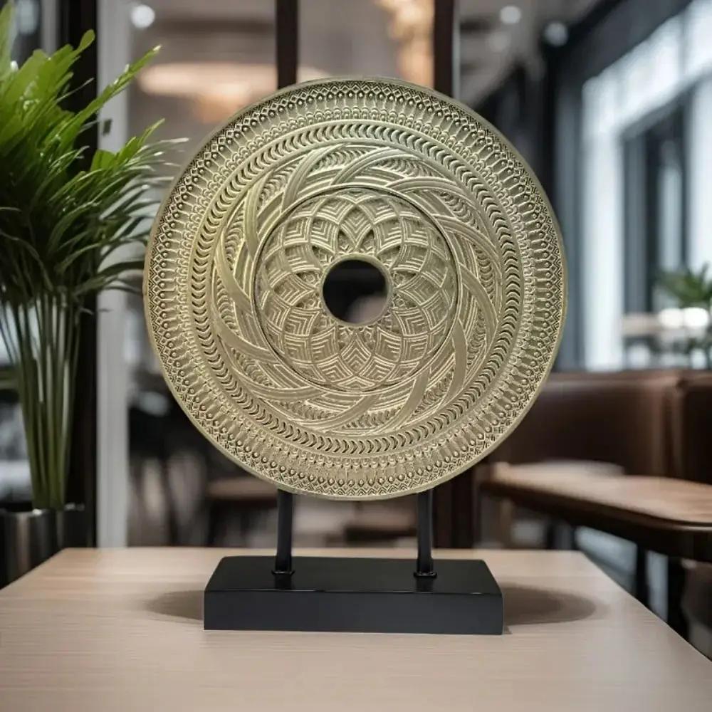 Handcrafted Round Wooden Decorative Disc Sculpture with Stand by House Of Avana